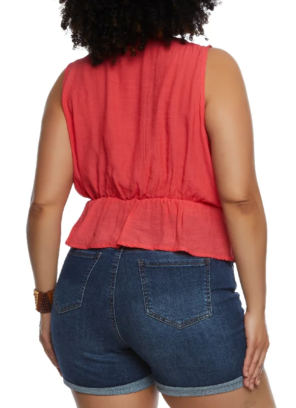 Plus Size Gauze Knit Ruffled Tie Front Crop Top