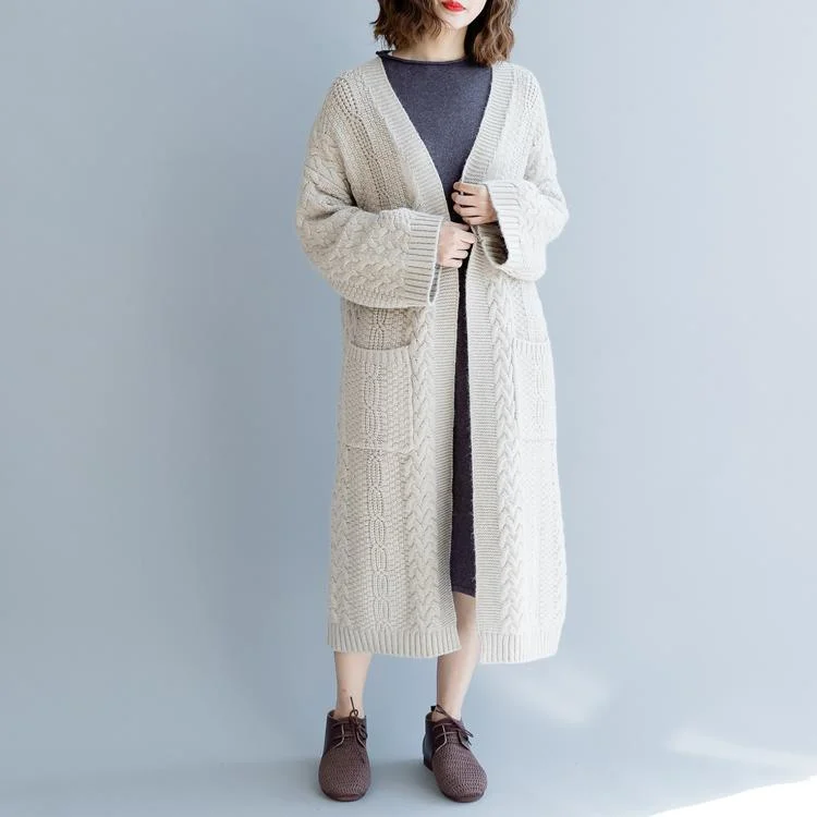 Fine beige maxi coat plus size v neck Wool Coat women pockets wool knit coats