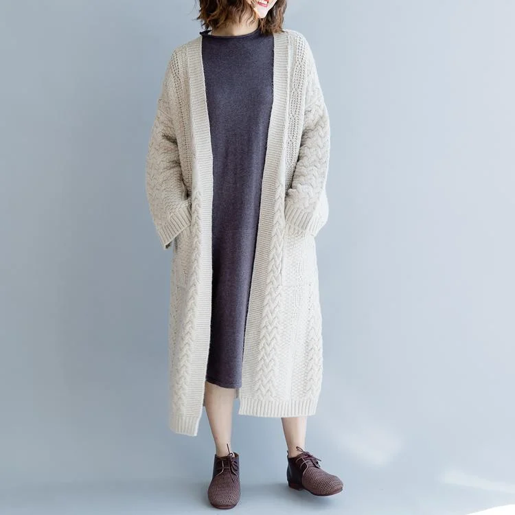 Fine beige maxi coat plus size v neck Wool Coat women pockets wool knit coats