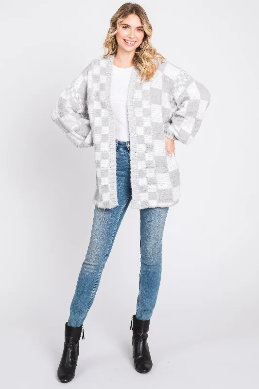 Heather Grey Checkered Cardigan Sweater