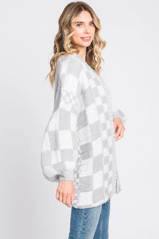 Heather Grey Checkered Cardigan Sweater