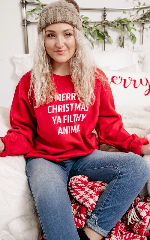 Merry Christmas Ya Filthy Animal Sweatshirt - Red**