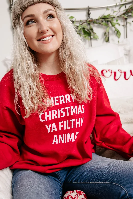 Merry Christmas Ya Filthy Animal Sweatshirt - Red**