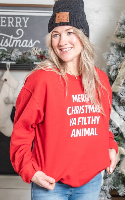 Merry Christmas Ya Filthy Animal Sweatshirt - Red**