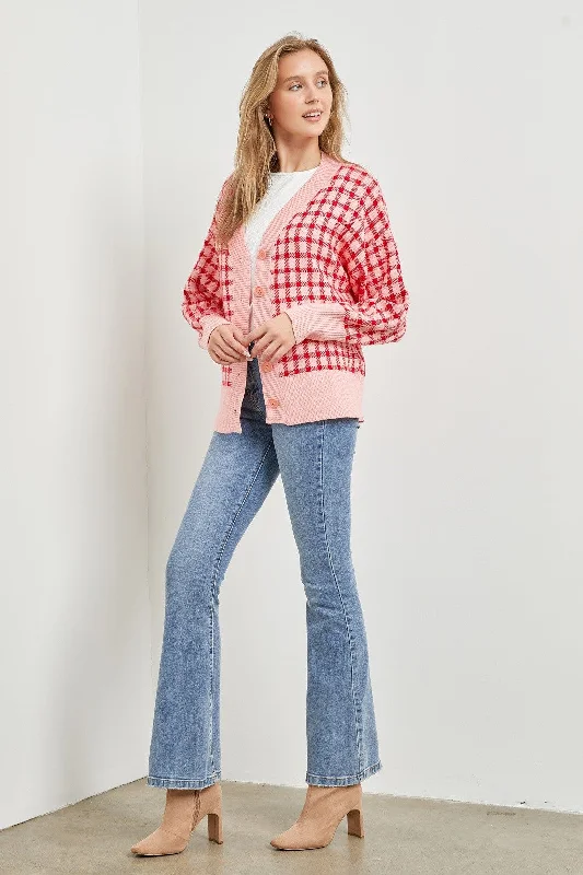 Pink V-Neck Plaid Woven Cardigan