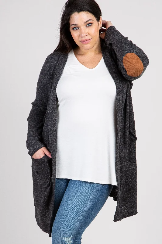 PinkBlush Charcoal Knit Elbow Patch Plus Cardigan