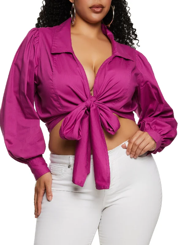 Plus Size Collared Tie Front Crop Top