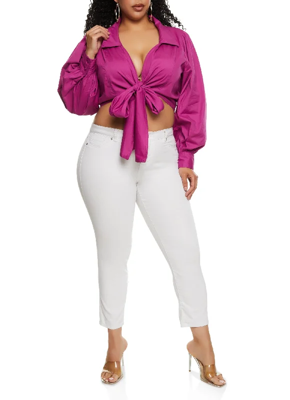 Plus Size Collared Tie Front Crop Top