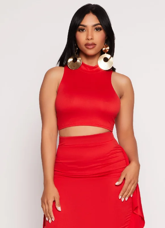 Mock Neck O Ring Tie Back Crop Top