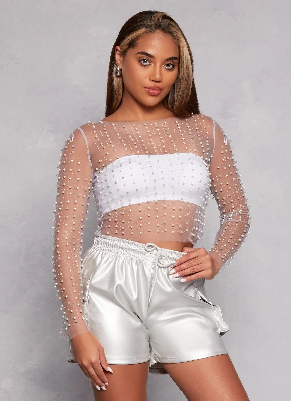 Haute Monde Mesh Rhinestone Faux Pearl Top