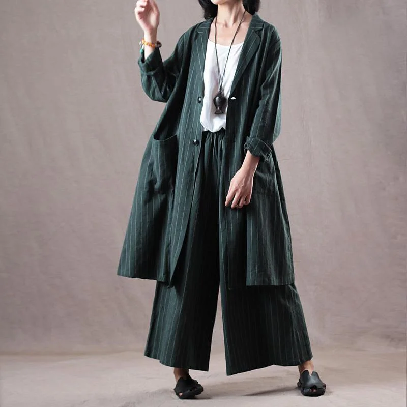 stylish blackish green  Midi-Light blouse trendy plus size linen clothing and women casual wide leg trousers