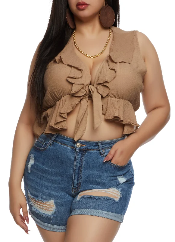 Plus Size Gauze Knit Ruffled Tie Front Crop Top