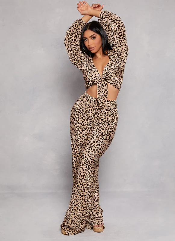 Plisse Leopard Print Tie Front Top