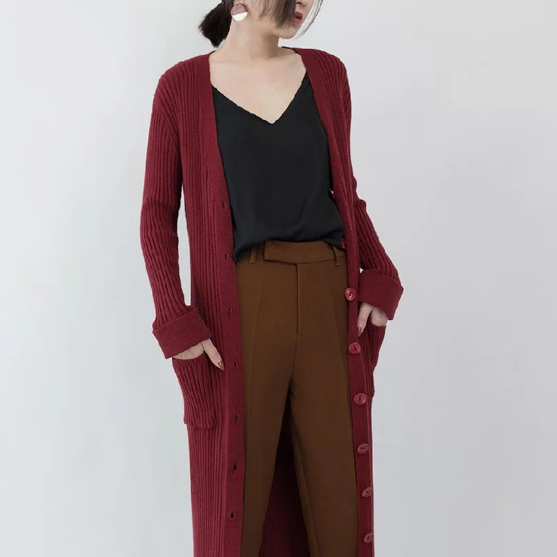 top quality burgundy knit coat casual V neck slim Wool Coat top quality pockets knitted cardigan long jackets