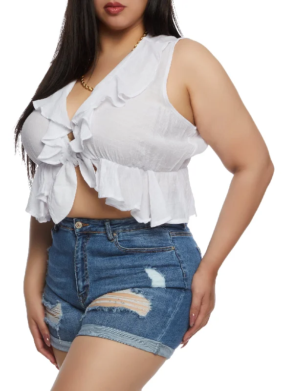 Plus Size Gauze Knit Ruffled Tie Front Crop Top