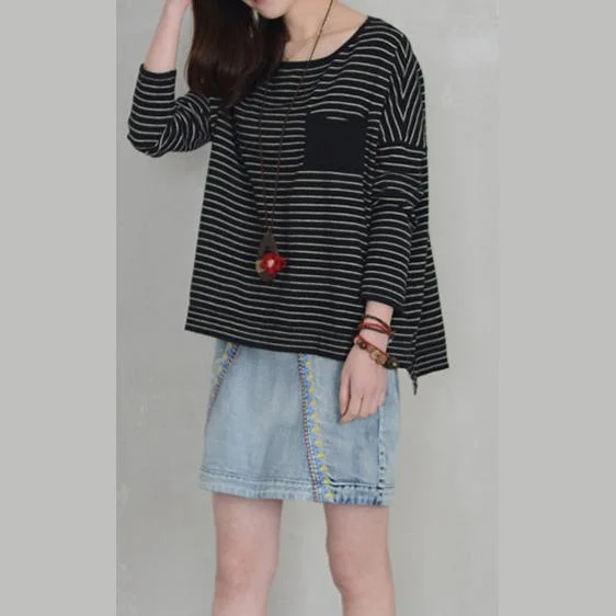 Women black striped knit blouse plus size o neck knitwear autumn