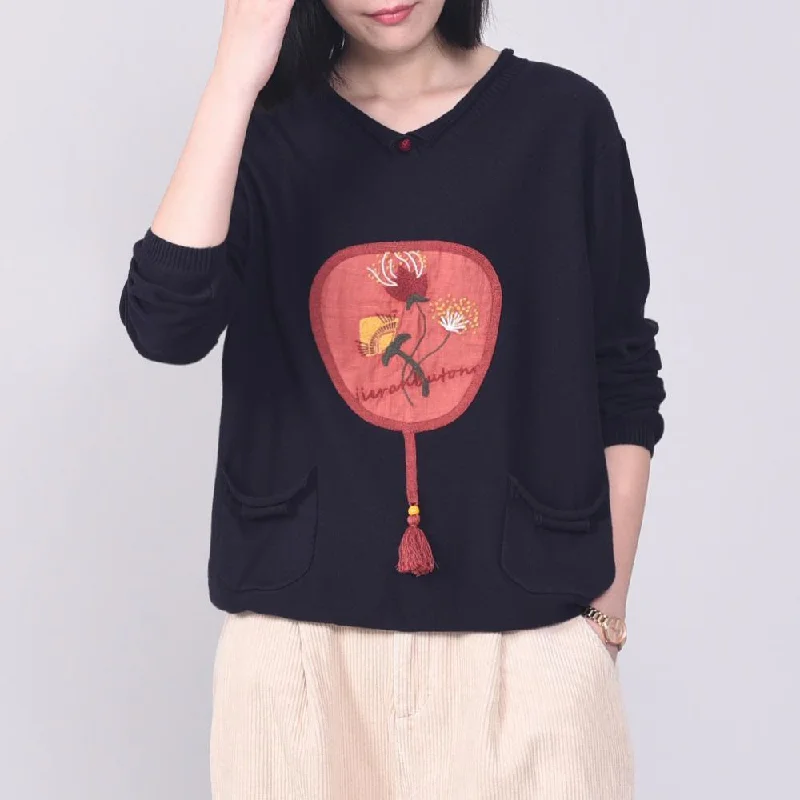 Women embroidery knit blouse plussize navy knitwear pockets