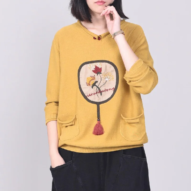 Women embroidery knit blouse plussize navy knitwear pockets