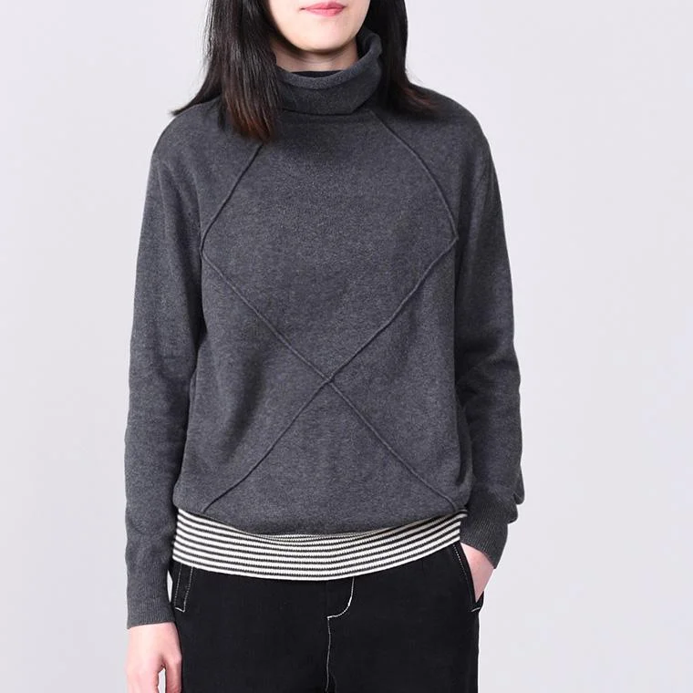 Women gray knitted pullover casual high neck knit sweat tops long sleeve