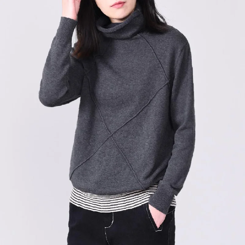 Women gray knitted pullover casual high neck knit sweat tops long sleeve