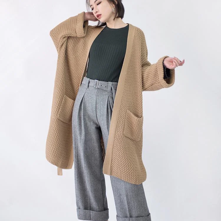 women khaki Coats knit cardigans sweater coat plus size clothing flare sleeve tie waist long coat Winter coat