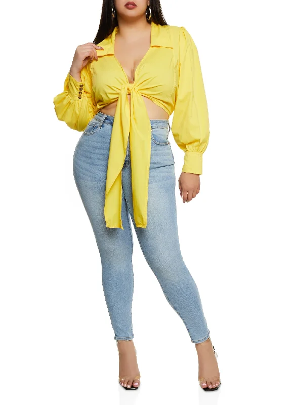 Plus Size Balloon Sleeve Tie Front Crop Top