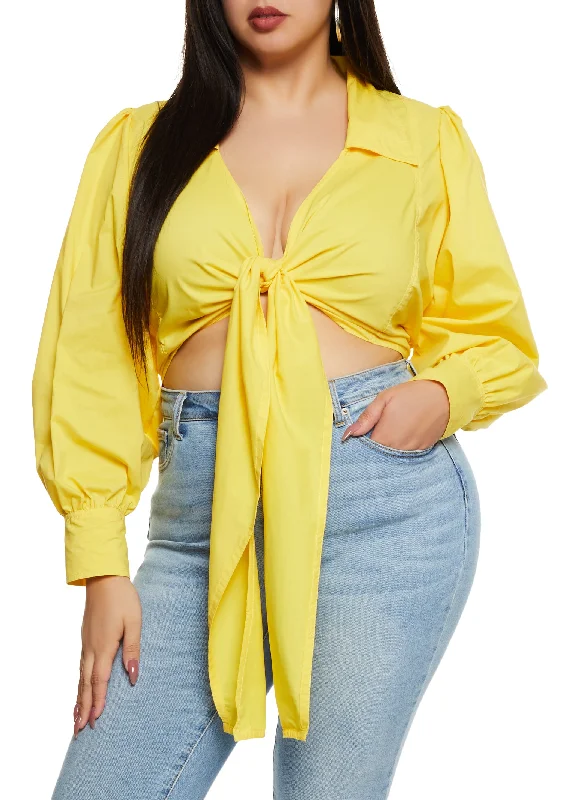 Plus Size Balloon Sleeve Tie Front Crop Top