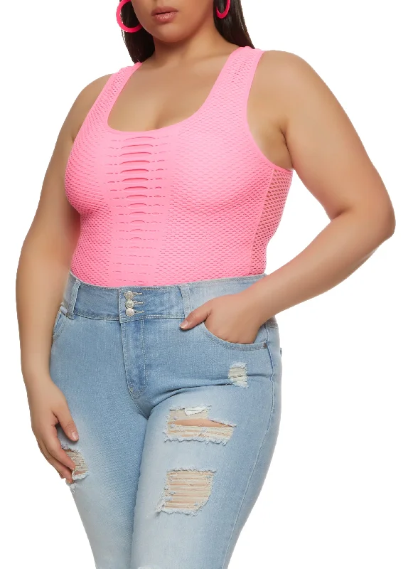 Plus Size Seamless Fishnet Detail Laser Cut Tank Top