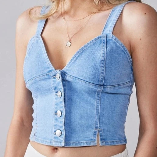 Women's Button Down Cropped Denim Tank Top in Light Blue