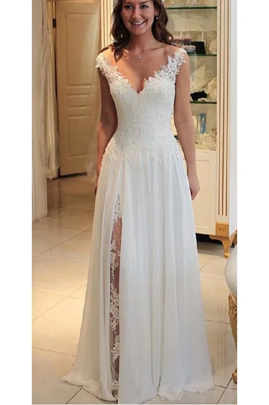 A Line Ivory V-Neck Chiffon Sleeveless Side Slite Lace Flowy Wedding Dresses