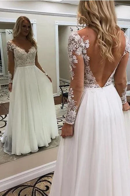 A Line Long Sleeves Lace Appliqued V Back Beach Wedding Dresses