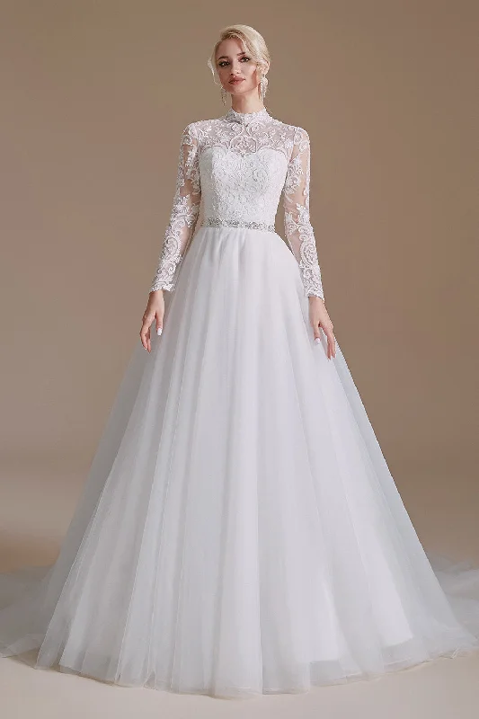 A-Line Lace Appliques Long Sleeve Tulle Chapel Train Wedding Dress