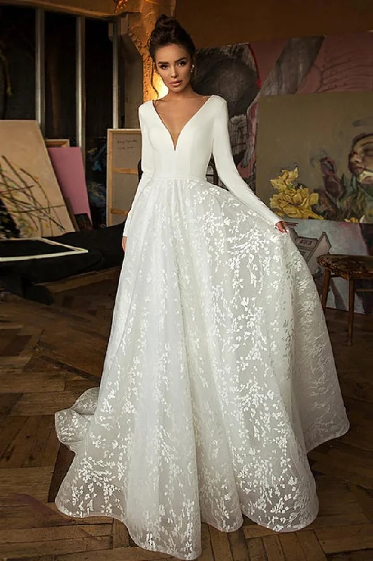 Elegant A Line Long Sleeves V-Neck Wedding Dresses