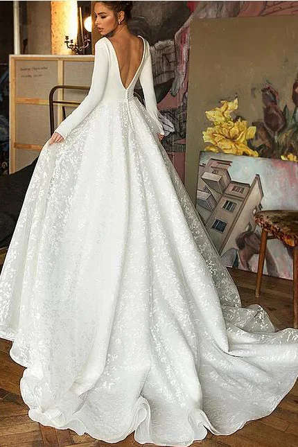 Elegant A Line Long Sleeves V-Neck Wedding Dresses