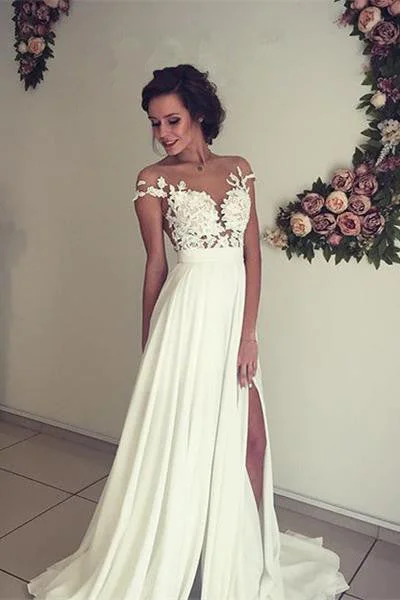 Ivory Chiffon Short Sleeves Lace Appliqued Long Beach Wedding Dresses