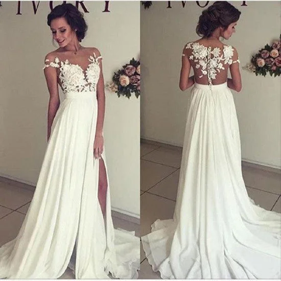 Ivory Chiffon Short Sleeves Lace Appliqued Long Beach Wedding Dresses