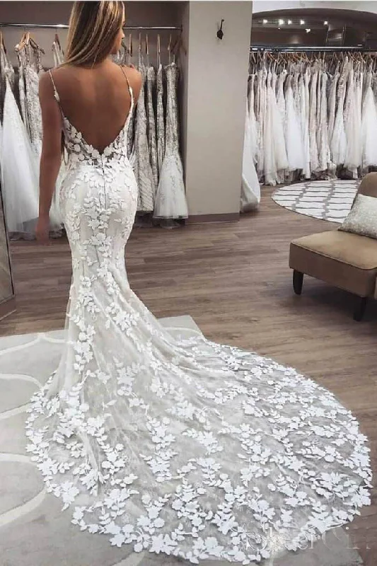 Vintage Spaghetti Strap Mermaid Lace Appliques Wedding Dress Boho Bridal Dress N1501