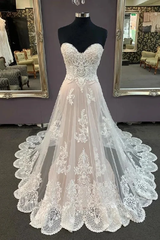 A Line Sweetheart Sleeveless Lace Appliqued Beach Wedding Dress Bridal Dress N2534