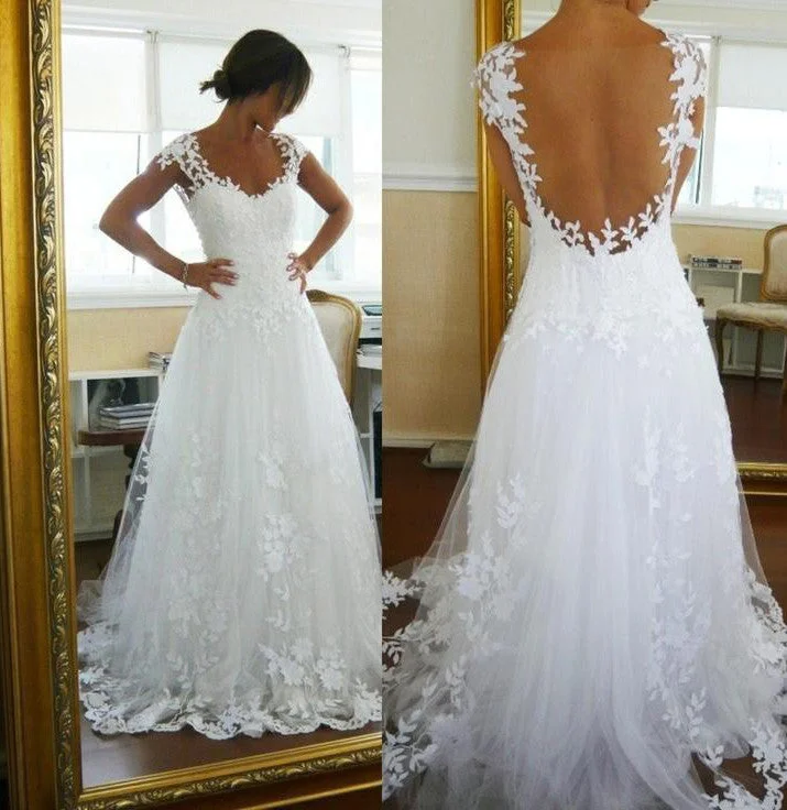 A Line Lace White Straps See-through Sleeveless Wedding Gowns N125