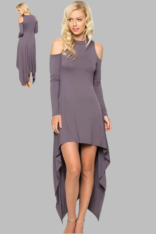 Grace and Cute Hi Lo Cold Shoulder Dress  -  Purple Taupe