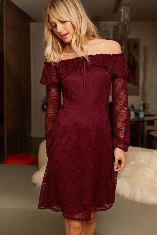 Burgundy Off Shoulder Sassy Lace Holiday Dress