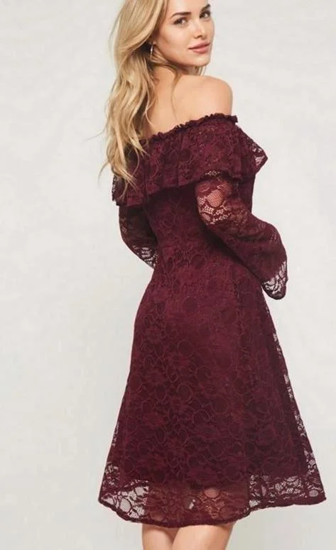 Burgundy Off Shoulder Sassy Lace Holiday Dress