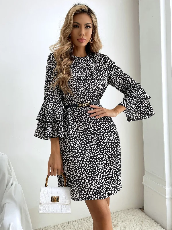 MegaBetty - Geo Print Ruffle Sleeve Dress without Belt