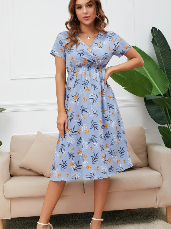 MegaBetty - Disty Floral Ruffle Hem Elastic Waist Summer Dress