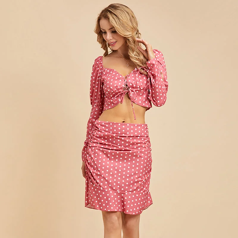 MegaBetty - Women fashion Polka dot four-way stretch dress long sleeve Crop Tee & Skirt Set