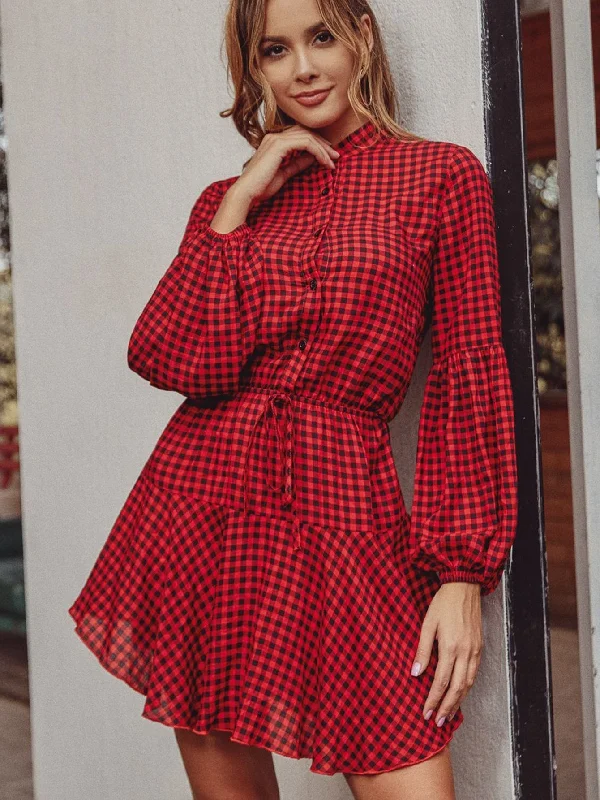 MegaBetty - Checkerboard Plaid Stand Collar Dress