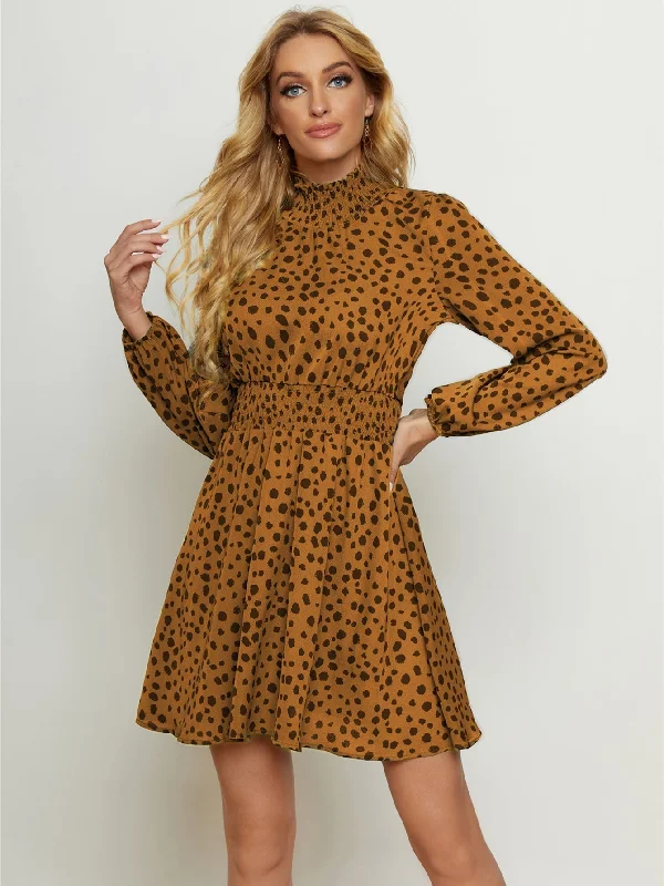 MegaBetty - High Neck Elastic Waist Dot Print Long Sleeve Dress