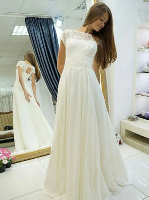 Elegant A-Line Bateau Chiffon Cap Sleeves Lace Wedding Dress OW356