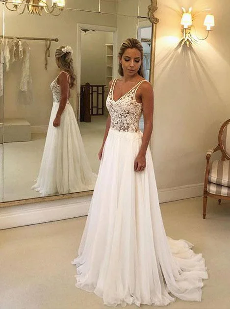 Elegant Chiffon Lace Applique Backless Beach Wedding Dress OW334