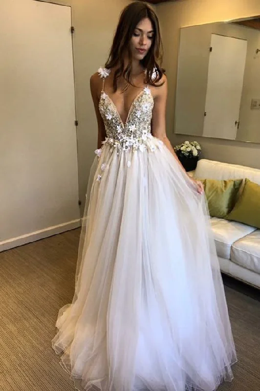 Deep V-Neck Beading Straps Tulle Appliqued Beach Wedding Dress